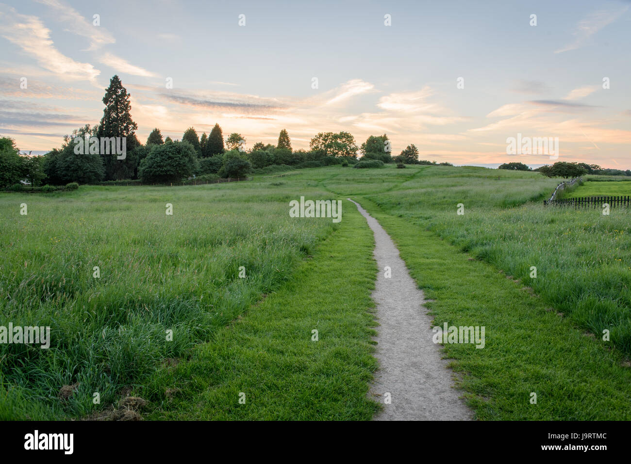A path leading into the distance across a field with a moody sunset sky Stock Photo
