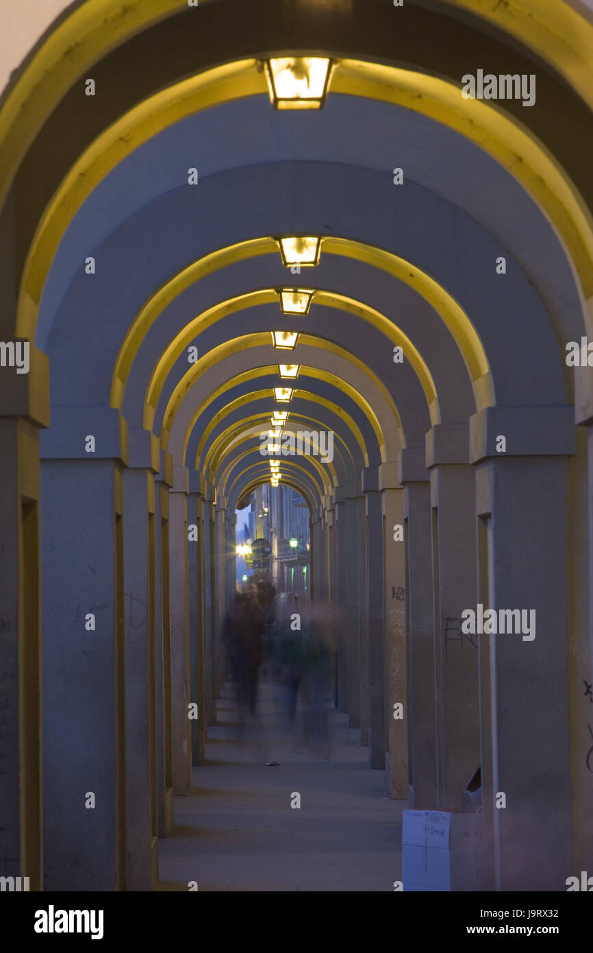 Italy,Tuscany,Florence,arcades,passers-by,evening,Europe,town,Old Town,house,building,historically,arcade walk,passage,person,motion,lamps,lighting,Lungarno Archibusieri,place of interest,UNESCO-world cultural heritage,blur,dusk,outside, Stock Photo
