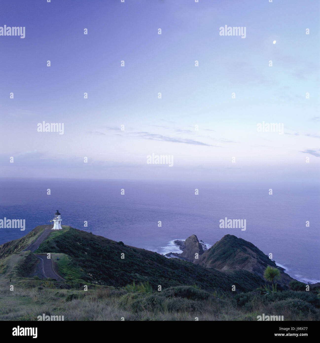 New Zealand,north island,Aupouri Peninsula,cape Reinga,coast,lighthouse,sea,dusk,Tasmanian sea,view,icon,conception,nobody,deserted,panorama,copy square,overview,distance,sky,horizon,cliffs,rocks,bile coast,coast,scenery,width,unendingly,navigation,navigation,sea,moon,water,evening tuning,evening,peacefully,blue,boundlessly,atmospheric,breathing square,time out,drawing a deep breath,security,hope,rescue,travelling,longing,steadfastness,width,way, Stock Photo