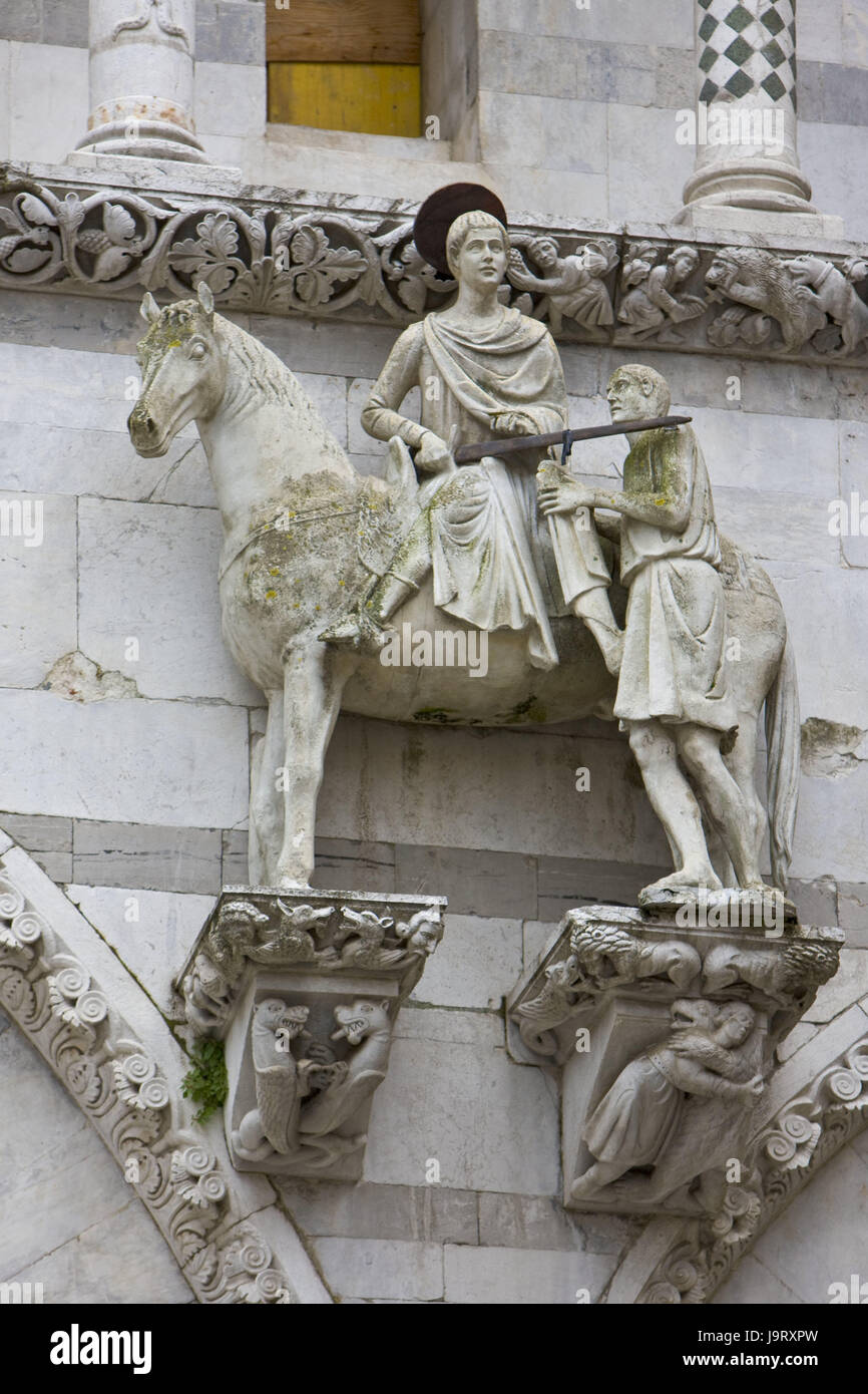 Italy,Tuscany,Lucca,Piazza San Martino,Duomo San Martino,St. Martin,sculpture,Europe,town,Lucca town,Old Town,building,square,cathedral square,structure,historically,architecture,cathedral,church,sacred construction,facade,cathedral facade,detail,statues,saint,beggar,horse,copy,scene,representation,place of interest,outside, Stock Photo