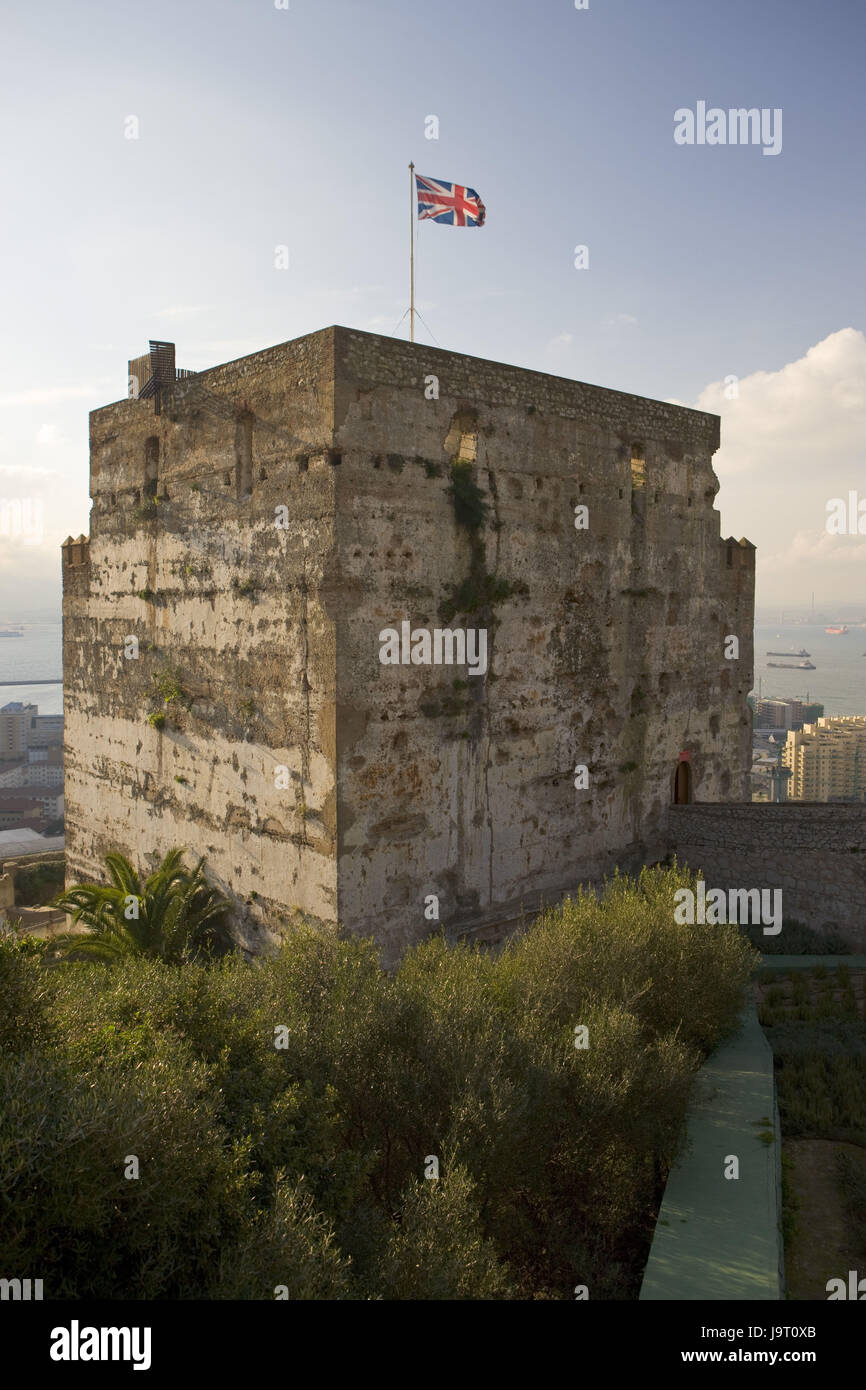 Gibraltar,rock of Gibraltar,castle,building,national flag,scenery Stock