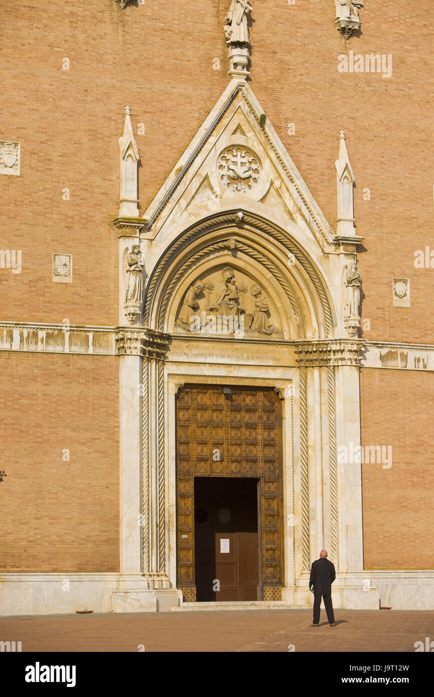Italy,Tuscany,Siena,basilica Tu San Francesco,church door,man,back view,Europe,Siena town,culture,faith,structure,historically,architecture,sacred construction,church,Franzikanerkirche,door,gate,input,person,visitor,place of interest,to high-level views,outside, Stock Photo