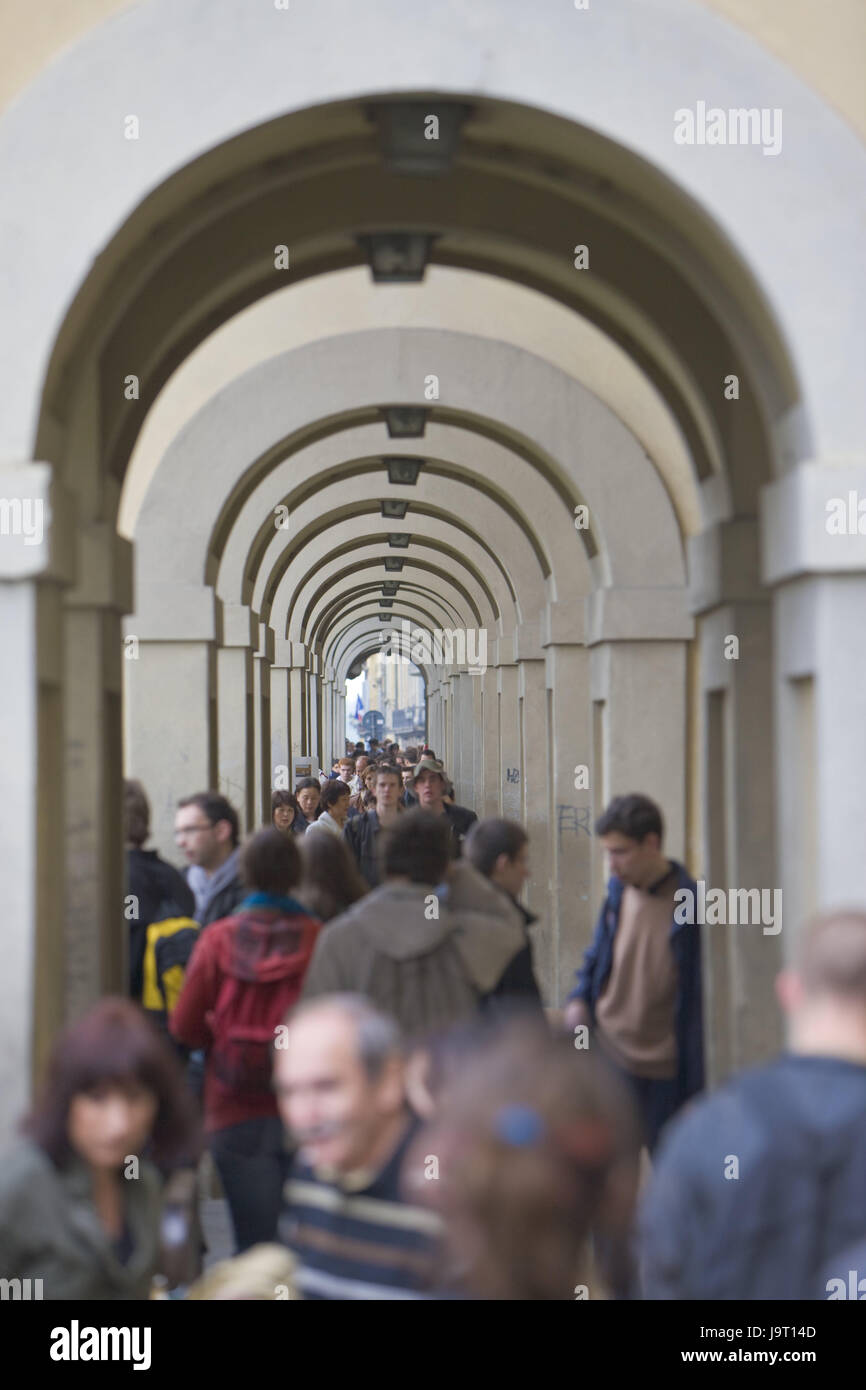 Italy,Tuscany,Florence,arcades,passers-by,Europe,town,Old Town,house,building,historically,Lungarno Archibusieri,arcade walk,passage,person,motion,crowd of people,scrum,place of interest,UNESCO-world cultural heritage,outside, Stock Photo