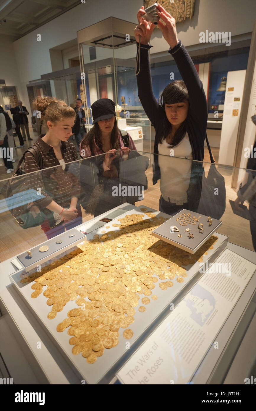 Great Britain,England,London,British museum,Fishpool Hoard,golden coins,visitors, Stock Photo