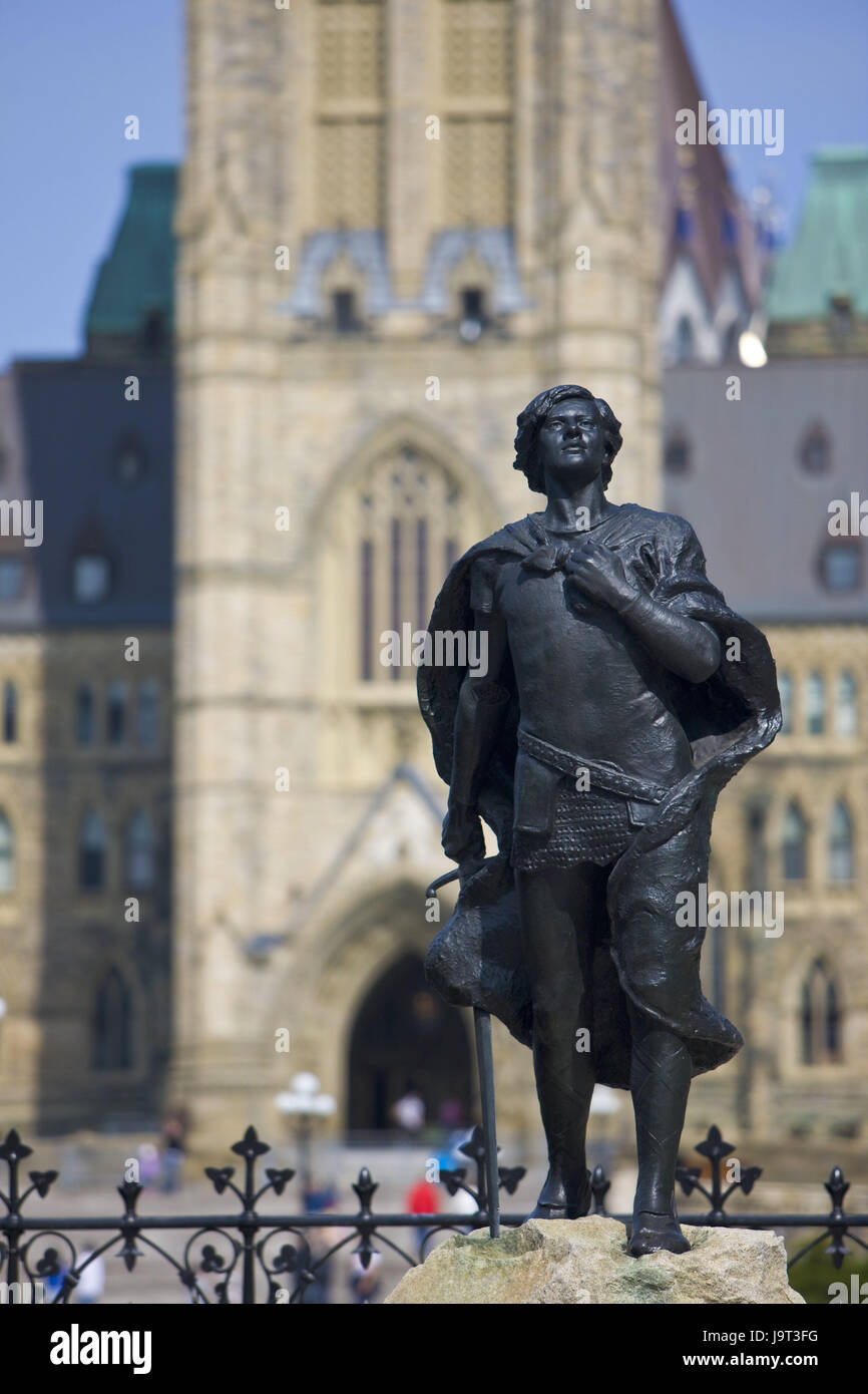 Canada,Ontario,Ottawa,Parliament Hill,Harper Memorial,statue 'sir Galahad',North America,town,capital,building,parliament,parliament building,forecourt,monument,statue,place of interest,personality,tourism,travel, Stock Photo