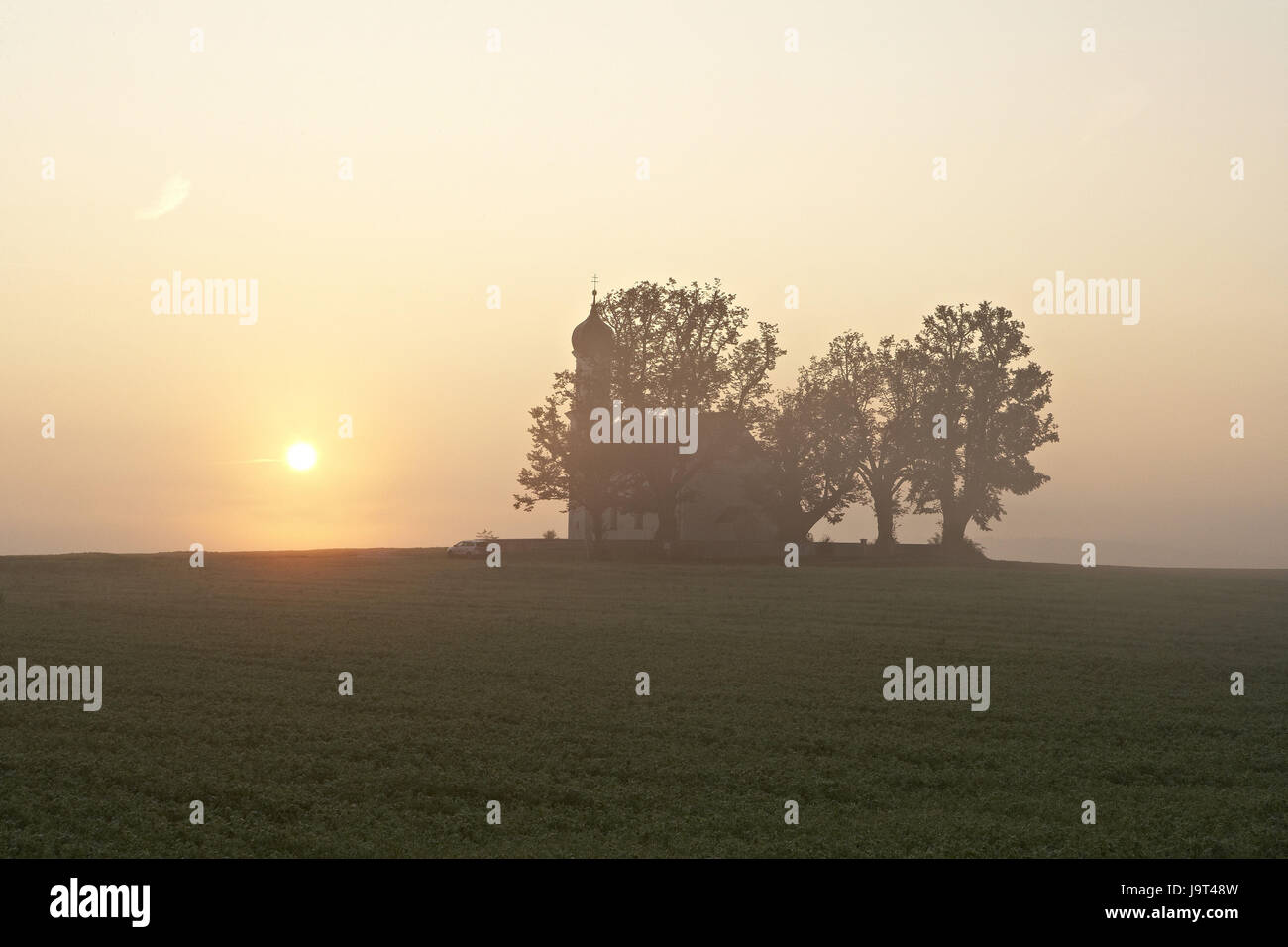 Germany,Upper Bavaria,Etting,church piece Andrä,sunrise,fog, Stock Photo