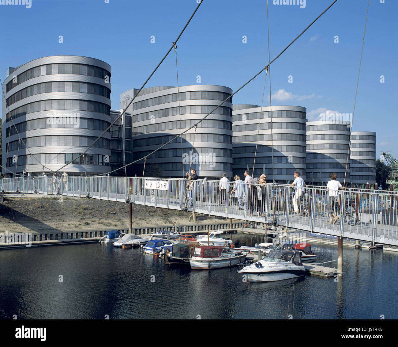 Germany,North Rhine-Westphalia,Duisburg,interior harbour,footbridge,office building 'Five Boats', Stock Photo