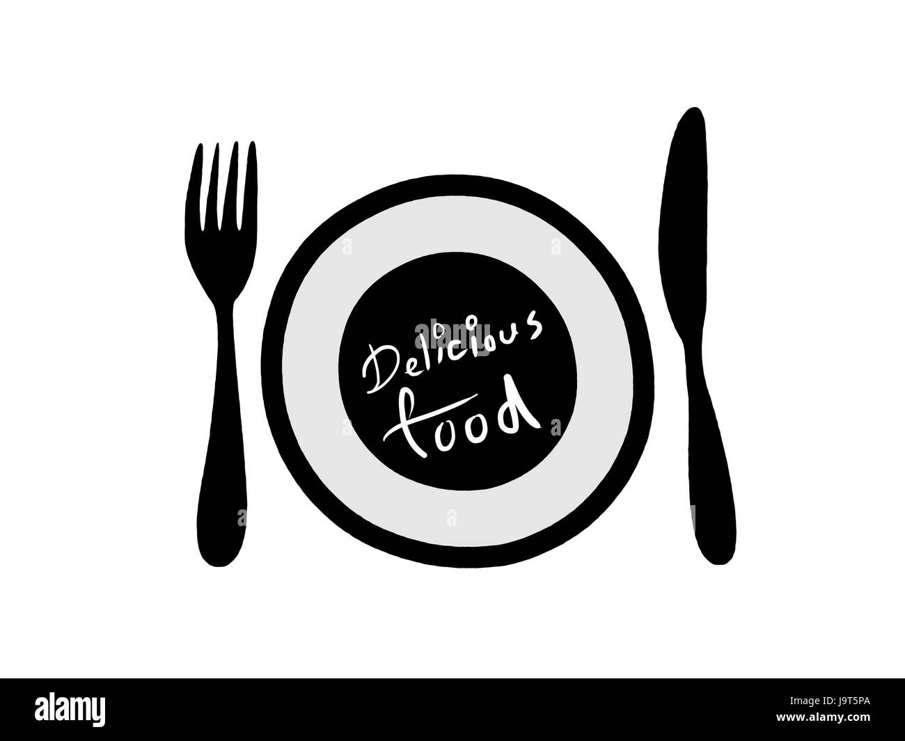 a black and white outline illustrated plate with fork and knife with text 'delicious food' inside it for graphic resources Stock Photo