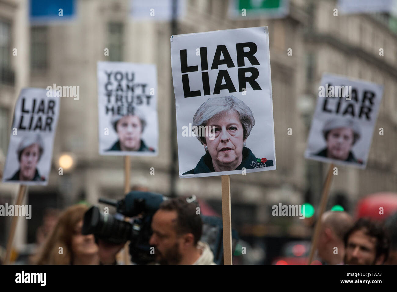 London, UK. 2nd June, 2017. Activists from the People's Assembly protest outside Broadcasting House during the broadcast of the Chart Show against the BBC's refusal to play on the radio a song by Captain Ska about Prime Minister Theresa May called 'Liar Liar'.  The BBC is refusing to play the song on the grounds that it must remain impartial during a general election campaign. Credit: Mark Kerrison/Alamy Live News Stock Photo