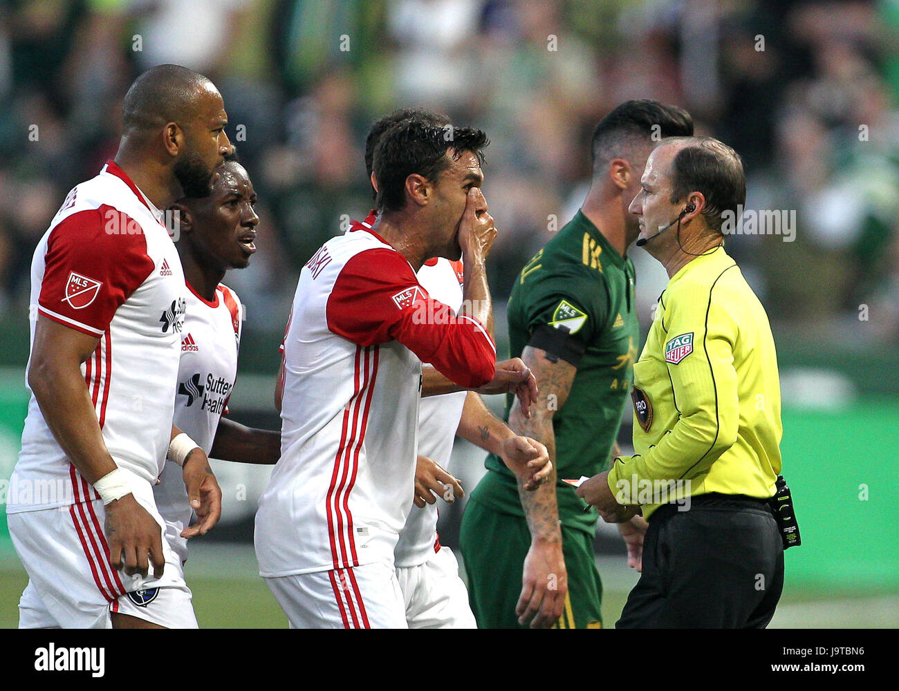 June 02, 2017. San Jose Earthquakes forward Chris Wondolowski (8) can't believe the call the referee made during the MLS match between the visiting New England Revolution and the Portland Timbers at Providence Park, Portland, OR. Larry C. Lawson/CSM Stock Photo