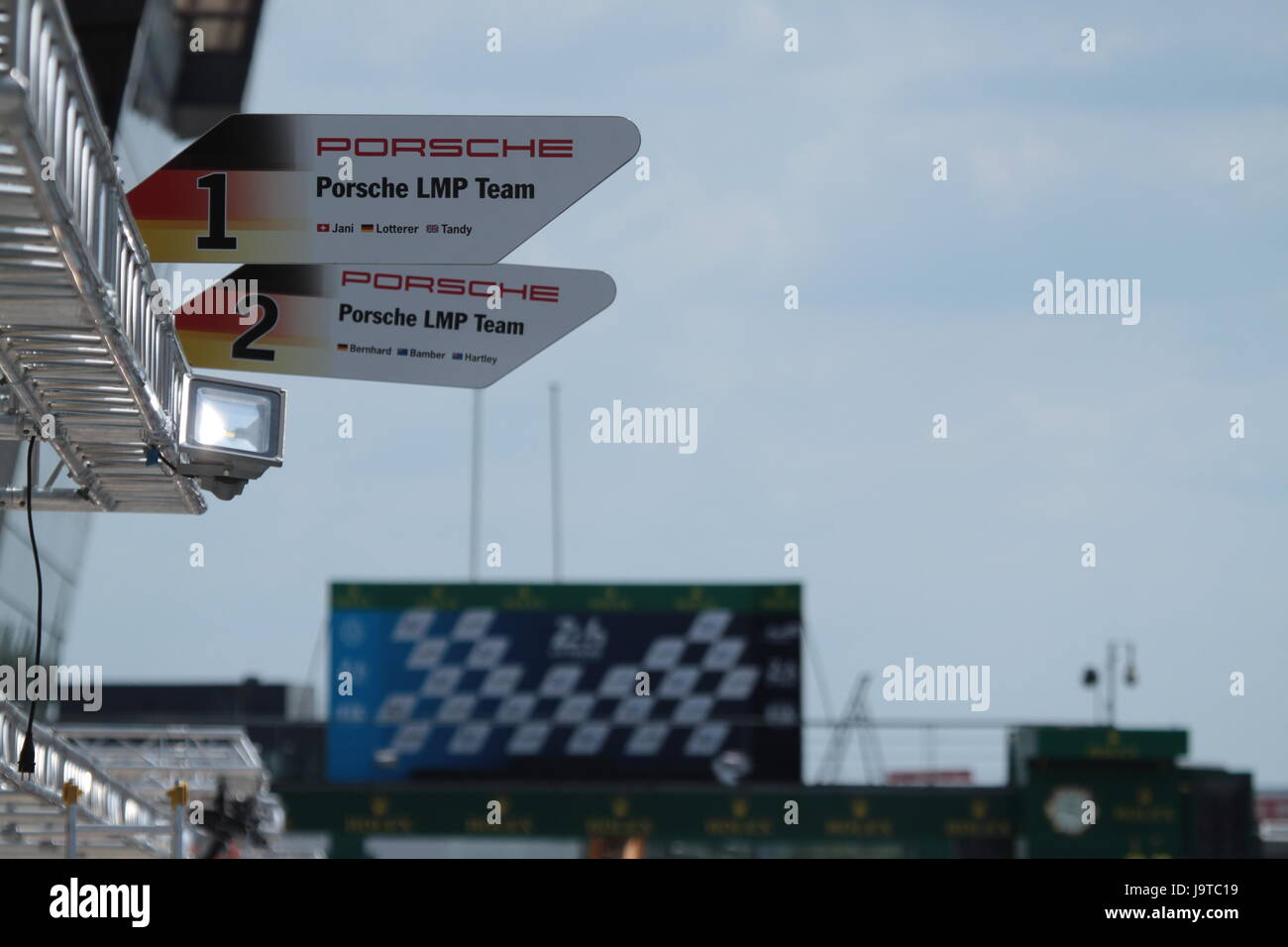 Le Mans, France. 2nd June, 2017. Signboards at pit line of PORSCHE LMP teams with drivers names number #1 car Neel Jani, Andre Lotterer, Nick Tandy and number #2 car  Brendon Hartley, Timo Bernhard, Earl Bamber at the time of 24 Hours of Le Mans 2017 Test Days on Circuit de la Sarthe in France. Dimitry Lyubichev/Alamy Live News Stock Photo
