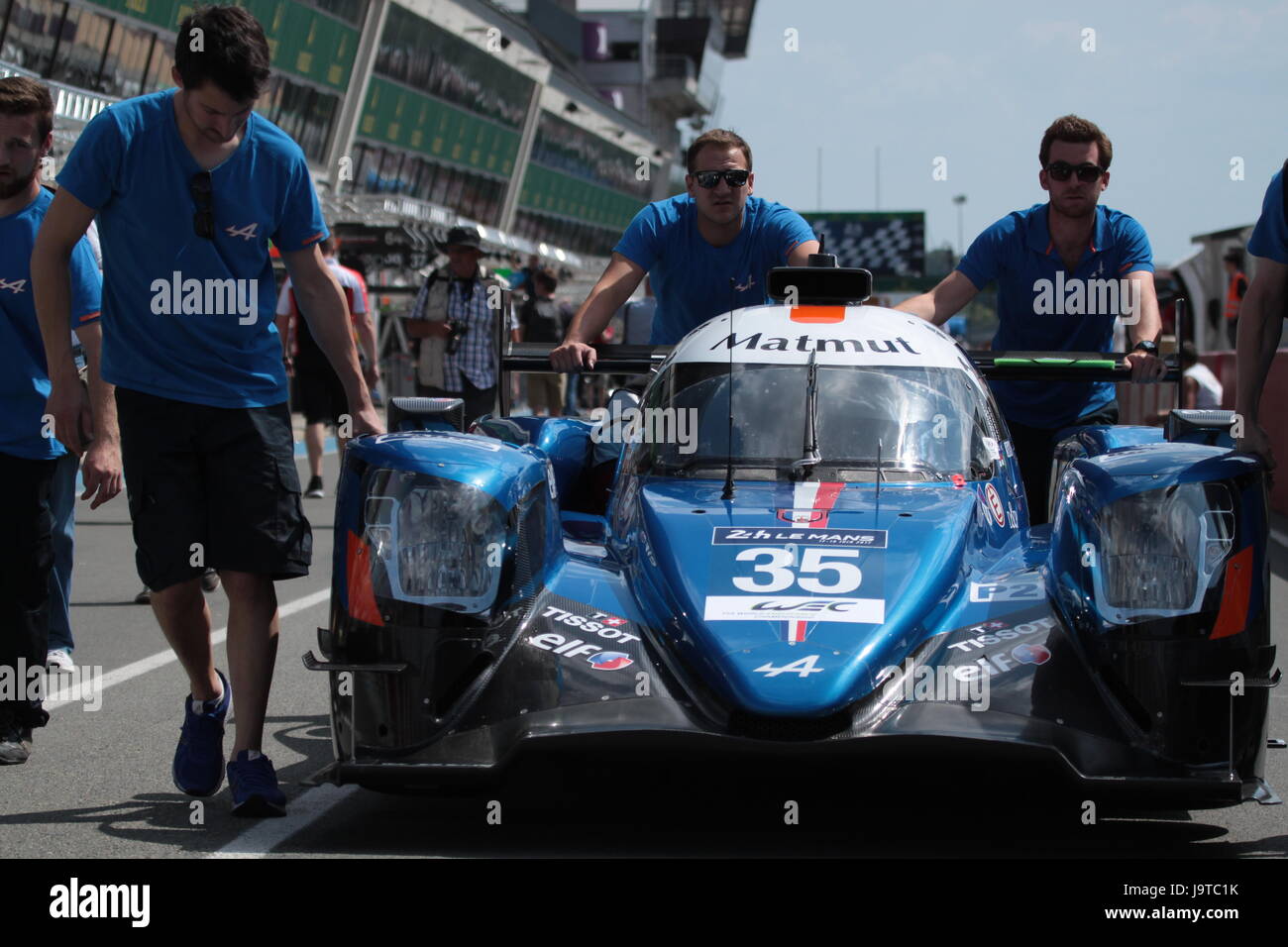 Le Mans, France. 2nd June, 2017. French Signatech Alpine Team car Alpine A470-Gibson number #35 at pitline of  Circuit de la Sarthe in France at the time of 24 Hours of Le Mans 2017 Test Days. Dimitry Lyubichev/Alamy Live News Stock Photo
