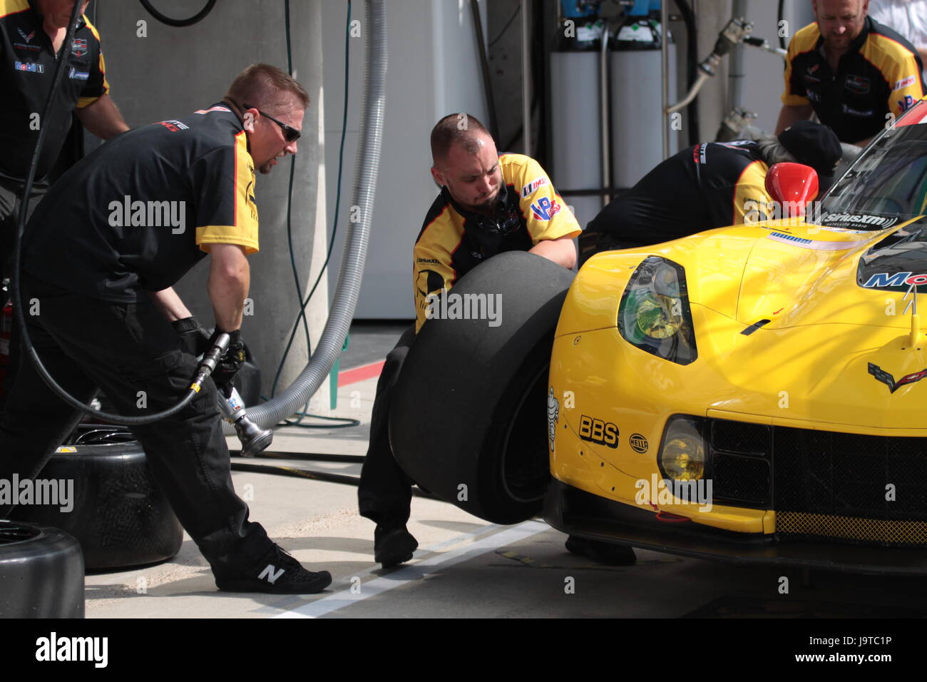Le Mans, France. 2nd June, 2017. US Corvette Racing team training to change tires of Corvette C7R race car #64 at pitline of Circuit de la Sarthe in France during  24 Hours of Le Mans 2017 Test Days. Dimitry Lyubichev/Alamy Live News Stock Photo