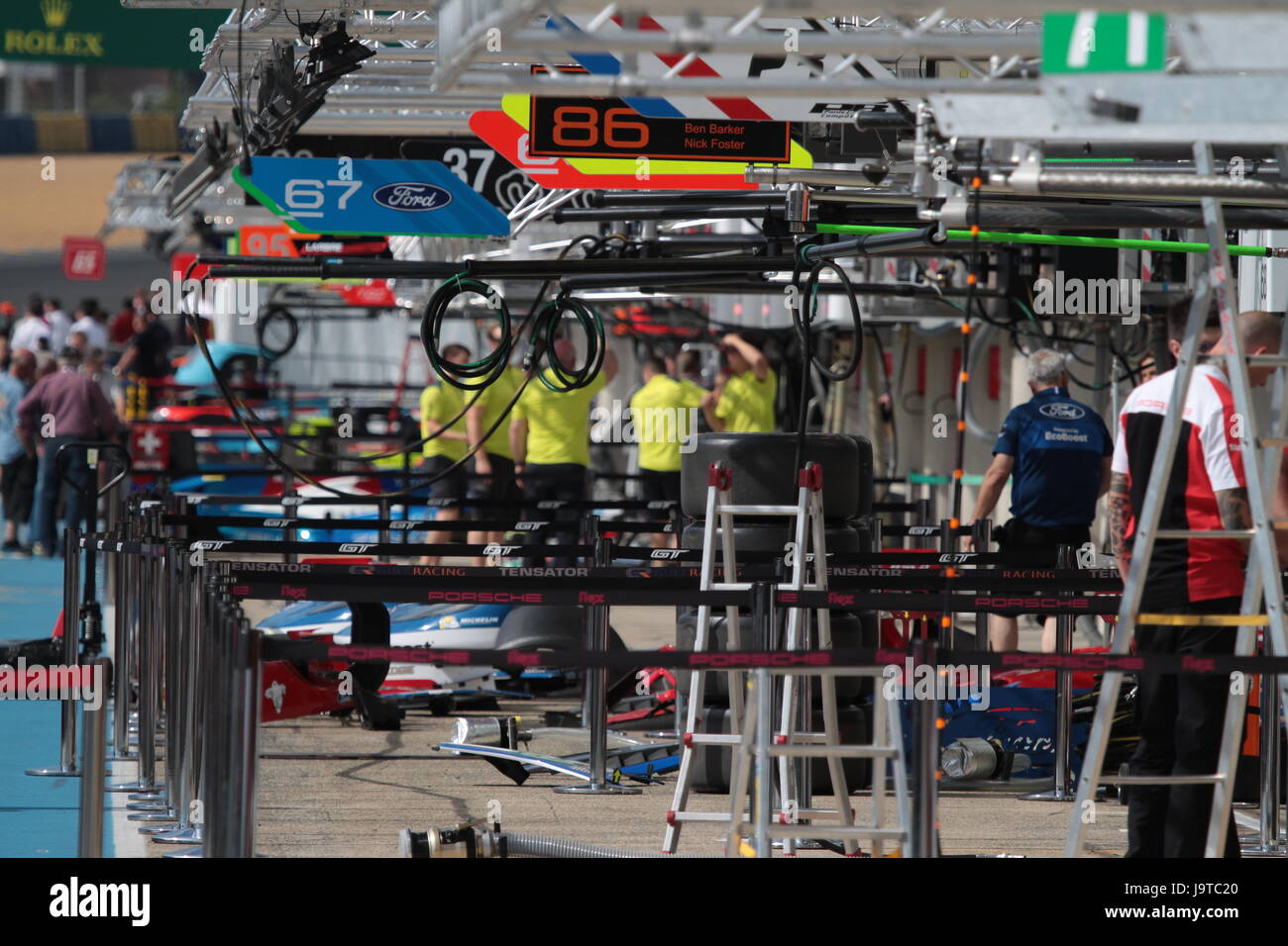 Le Mans, France. 2nd June, 2017. Pit line and racing teams boxe of Circuit de la Sarthe in France during 24 Hours of Le Mans 2017 Test Days. Dimitry Lyubichev/Alamy Live News Stock Photo