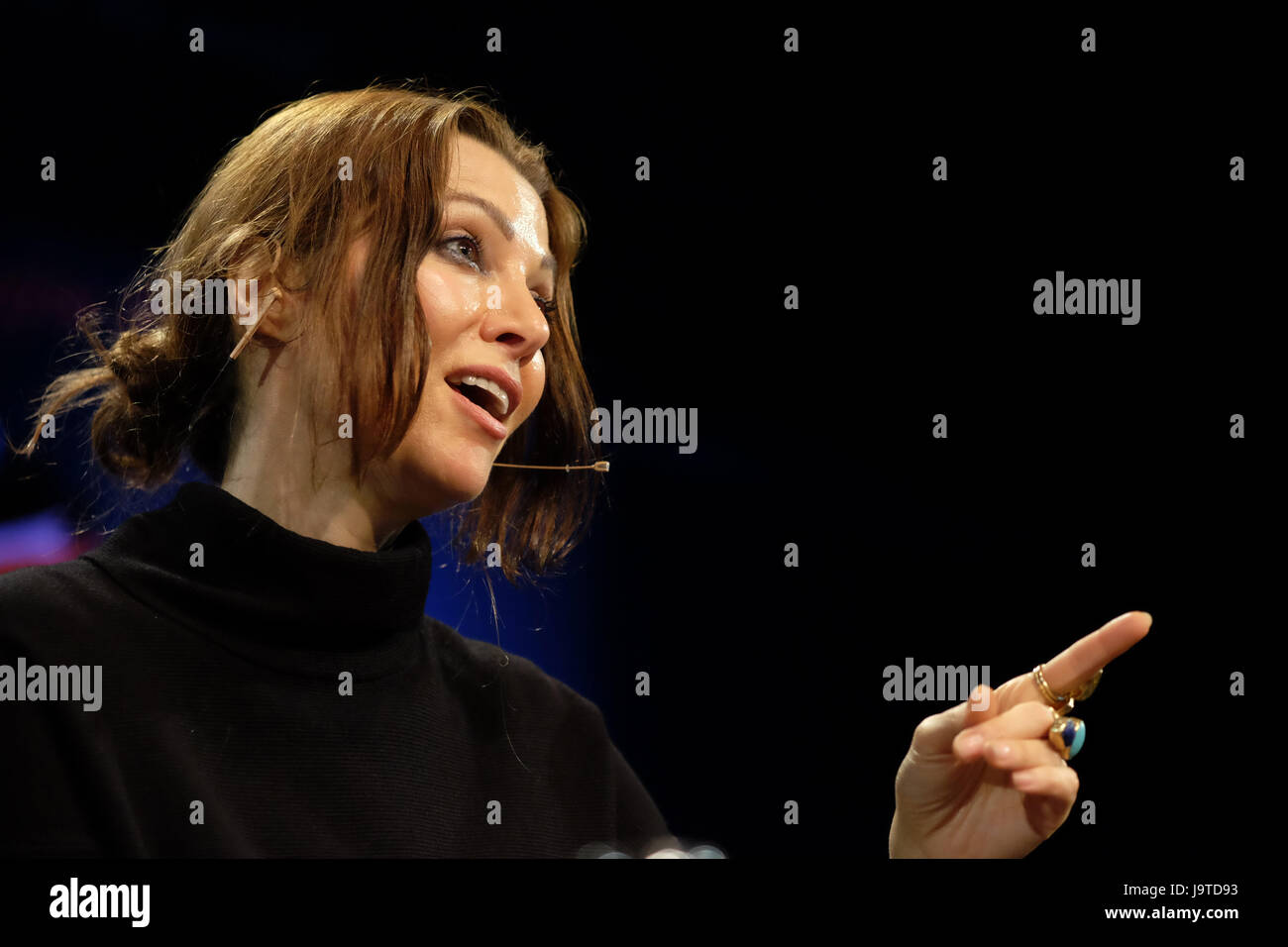 Hay Festival 2017 - Hay on Wye, Wales, UK - Saturday 3rd June 2017 - Turkish novelist Elif Shafak on stage at the Hay Festival discussing her latest novel Three Daughters of Eve - the Hay Festival celebrates its 30th anniversary in 2017 - the literary festival runs until Sunday June 4th.  Steven May / Alamy Live News Stock Photo