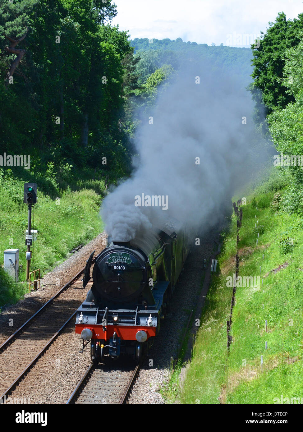 Reigate, Surrey, UK. 3rd June, 2017. Flying Scotsman 60103 Cathedrals Express Steam Locomotive hauling pullman coaches speeds through Reigate in Surrey. 1304hrs Saturday 3rd June 2017. Photo ©Lindsay Constable / Alamy Live News Stock Photo