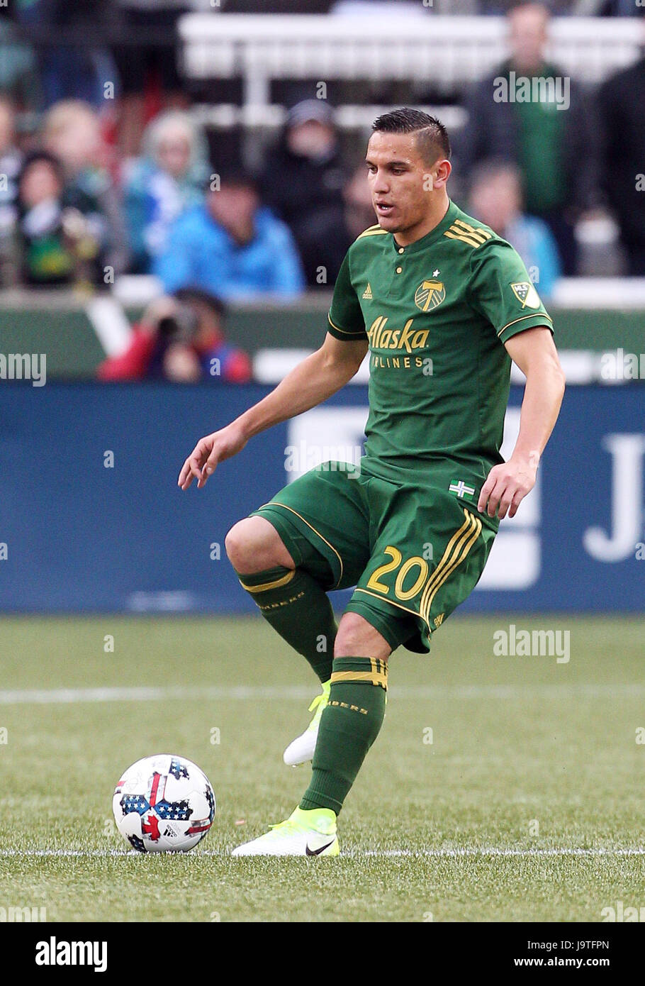 April 02, 2017. Portland Timbers midfielder David Guzman (20) looks for an open teammate during the first half of the MLS match between the visiting New England Revolution and the Portland Timbers at Providence Park, Portland, OR. Larry C. Lawson/CSM Stock Photo