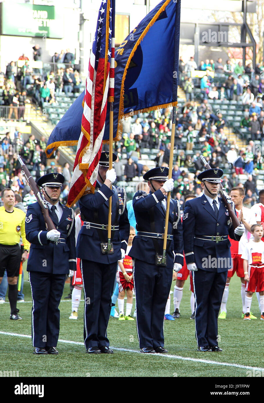 April 02, 2017. Members of the 142nd Fighter Wing's Color Guard during ...