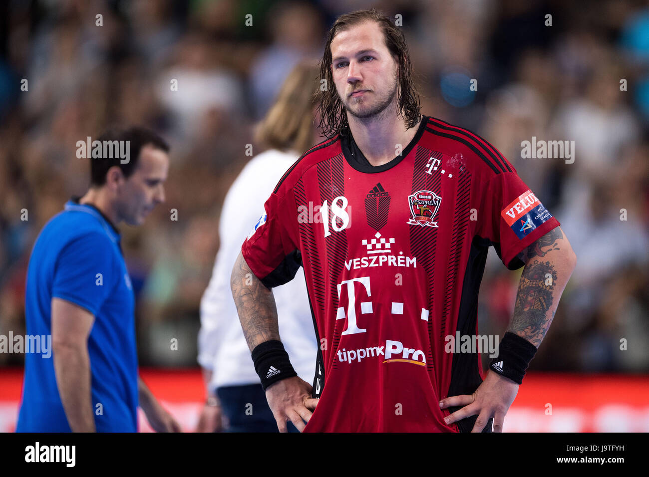 Veszprem's Andreas Nilsson reacts after the ending of the handball  Champions League's Final Four semi-final match between Telekom Veszprem and Paris  St. Germain in the Lanxess-Arena in Cologne, Germany, 03 June 2017.