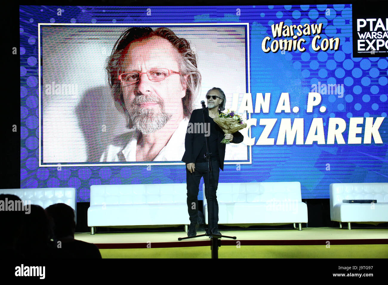 Poland, Nadarzyn, June 3rd, 2017: First Warsaw Comic Con hosts composer Jan Kaczmarek and actors Nadia Hilker, Melissa Ponzio, Carice van Houten, Hafpor Julius Björnsson and RJ Mitte. Ptak Warsaw Expo CEO Tomasz Szypula welcomes celebrity guest on stage. Thousands of cosplay, Star Wars and role palying fans hit the event. Game tournaments take place at several arenas. ©Jake Ratz/Alamy Live News Stock Photo