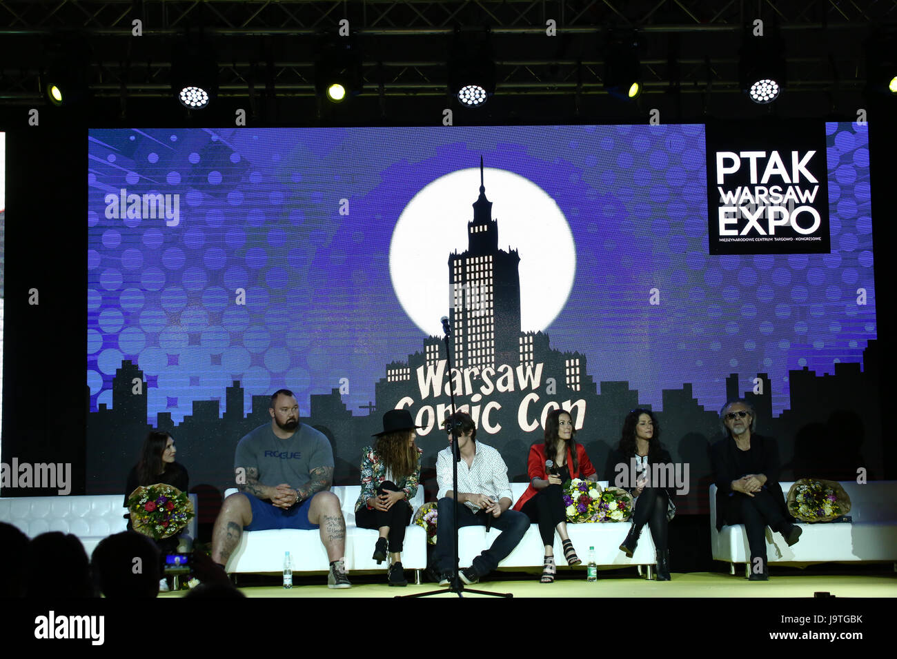 Poland, Nadarzyn, June 3rd, 2017: First Warsaw Comic Con hosts composer Jan Kaczmarek and actors Nadia Hilker, Melissa Ponzio, Carice van Houten, Hafpor Julius Björnsson and RJ Mitte. Ptak Warsaw Expo CEO Tomasz Szypula welcomes celebrity guest on stage. Thousands of cosplay, Star Wars and role palying fans hit the event. Game tournaments take place at several arenas. ©Jake Ratz/Alamy Live News Stock Photo