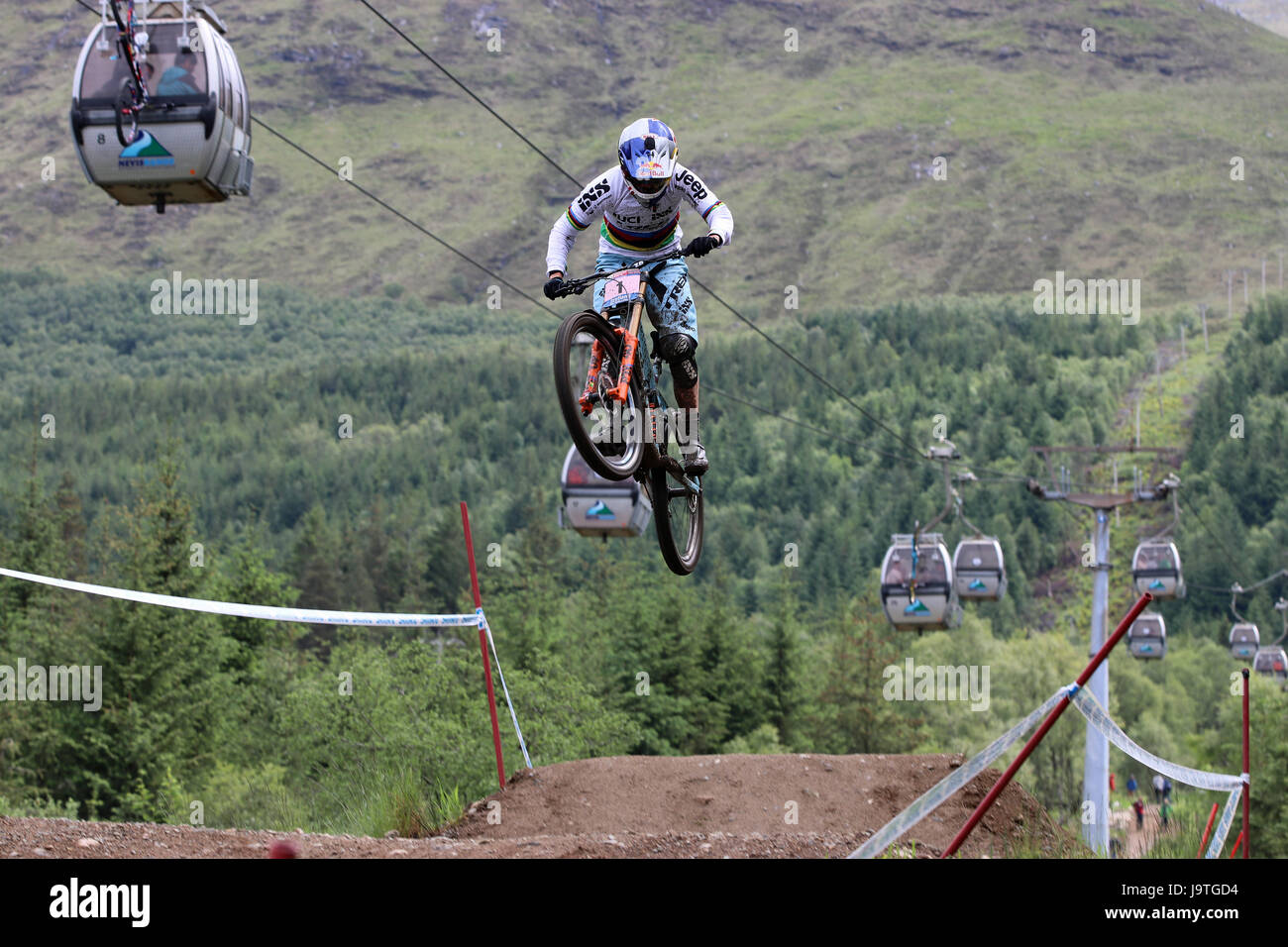 Fort William, Scotland. 3rd June, 2017. Rachel Atherton GBR taking on the jumps during practice for Sunday's Downhill World Cup race. © Malcolm Gallon/Alamy Live News Stock Photo