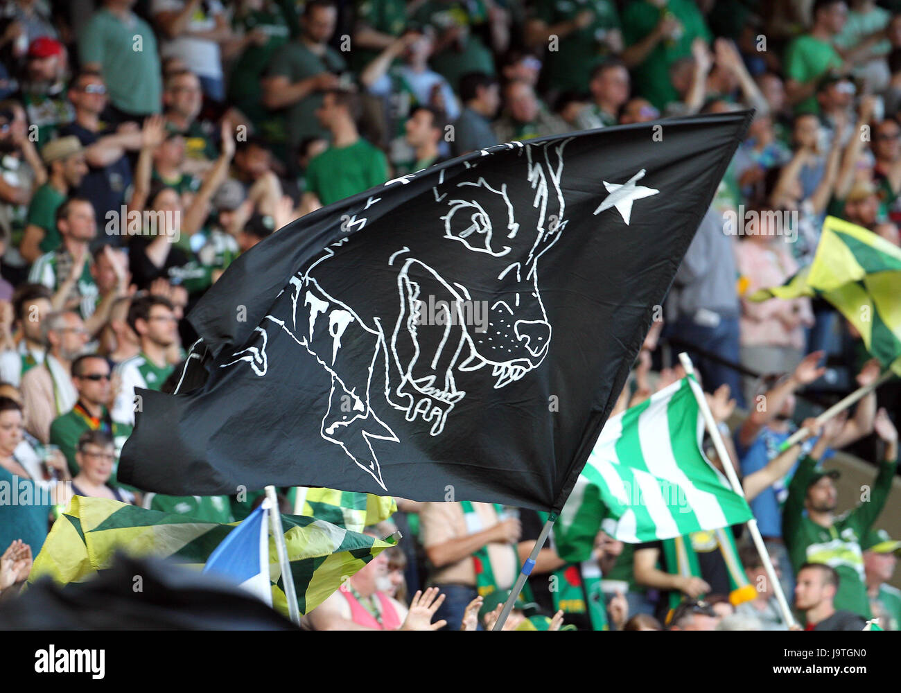 June 02, 2017. Portland Timbers fly their various flags during the MLS