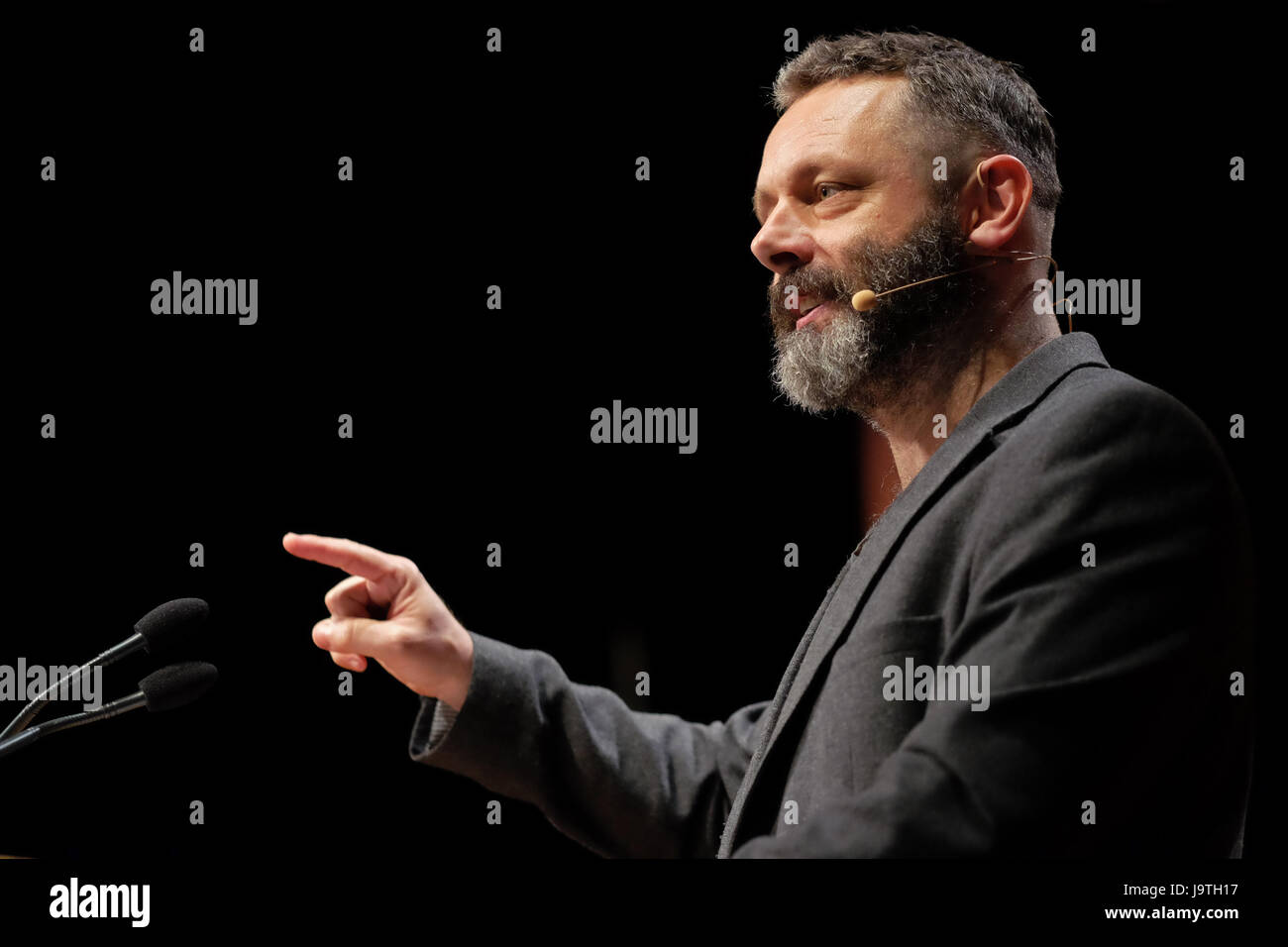 Hay Festival 2017 - Hay on Wye, Wales, UK - Saturday 3rd June 2017 - Actor Michael Sheen gives the Aneurin Bevan Lecture on stage at the Hay Festival  - the Hay Festival celebrates its 30th anniversary in 2017 - the literary festival runs until Sunday June 4th.  Steven May / Alamy Live News Stock Photo