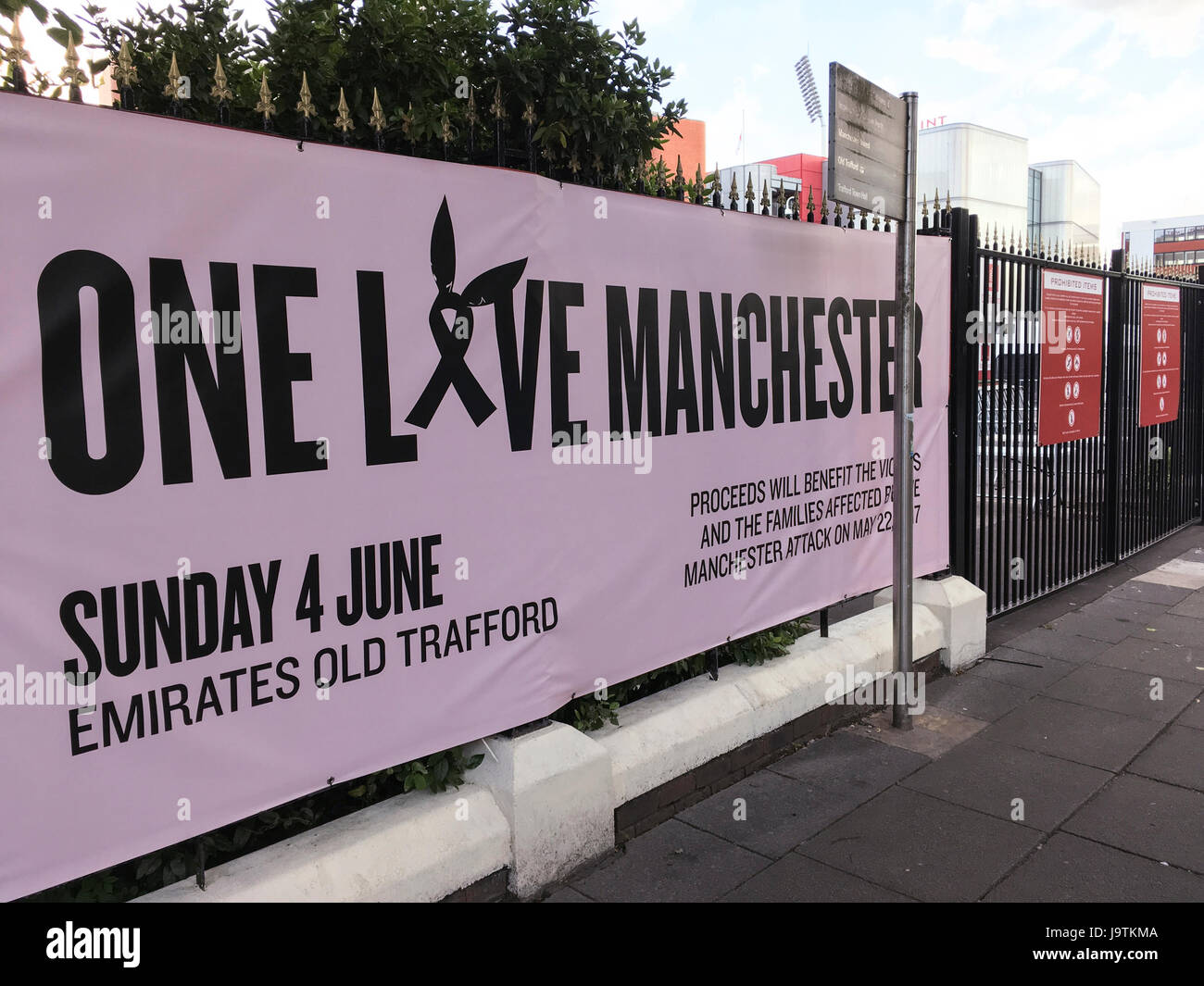 Manchester, UK. 3rd June, 2017. signs for tomorrows One love concert at the Emirates Old Trafford stadium. Credit: GARY ROBERTS/Alamy Live News Stock Photo