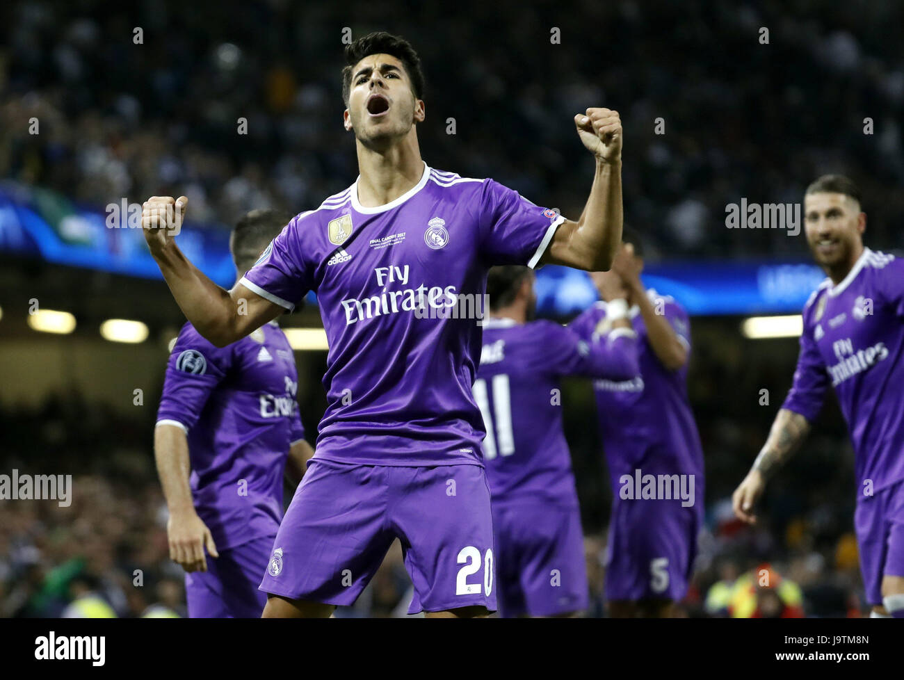 Real Madrid S Midfielder Marco Asensio Jubilates The Fourth Goal Of The Team During The Uefa Champions League Final Match Between Juventus And Real Madrid At The Millenium Stadium In Cardiff United Kingdom Real Madrid S Midfielder Marco Asensio Jubilates The Fourth Goal Of The Team During The Uefa Champions League Final Match Between Juventus And Real Madrid At The Millenium Stadium In Cardiff United Kingdom