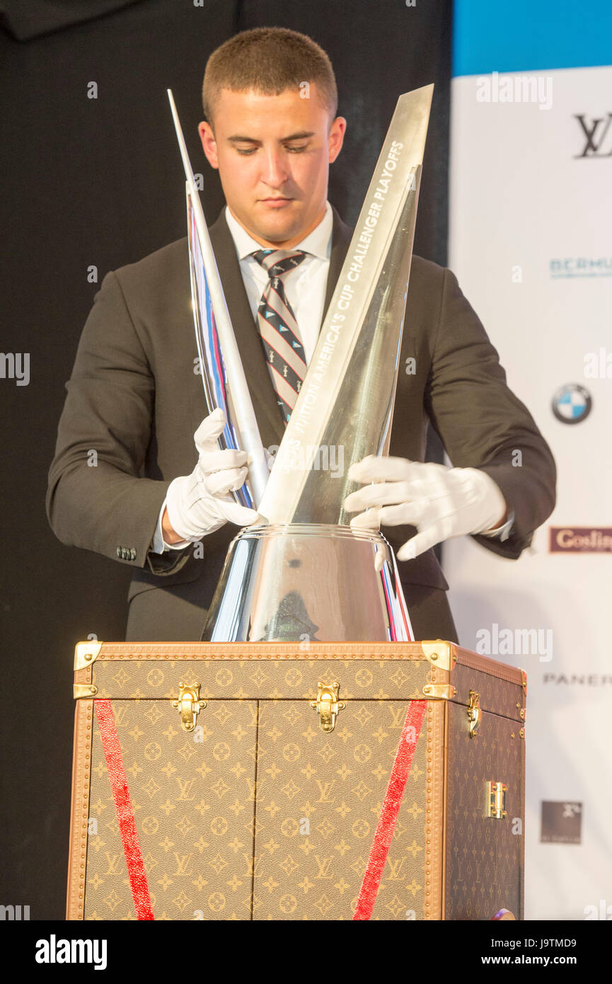 America's Cup Village, Bermuda. 3rd June 2017. The Louis Vuitton America's  Cup Challenger Playoffs trophy is revealed to international media at the America's  Cup Qualifiers closing press conference Stock Photo - Alamy