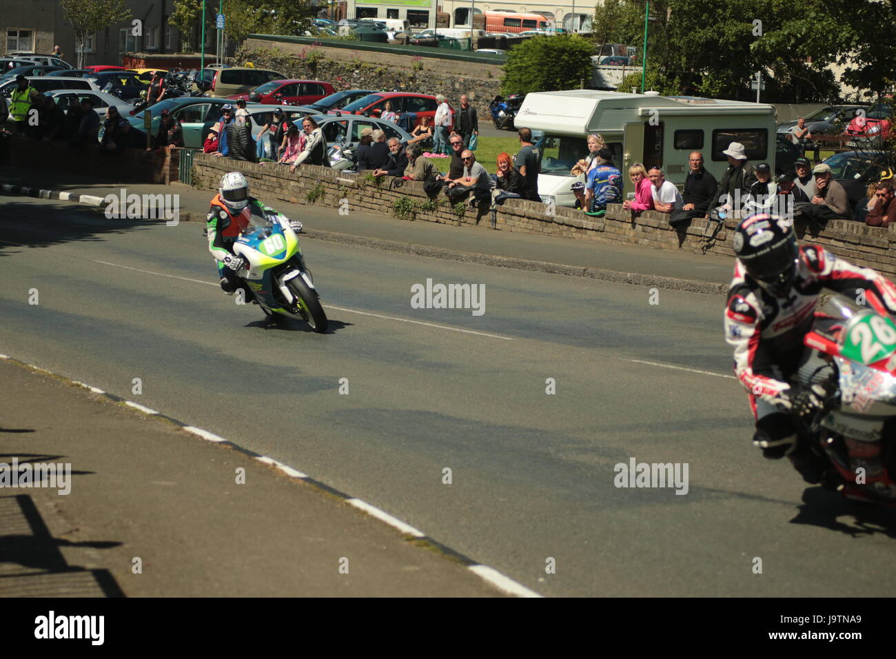 Isle of Man TT Races, Sidecar, Supersport/Lightweight/Newcomers (all classes) Qualifying Session and Practice Race. Saturday, 3 June 2017. 60 Adam Mclean on his lightweight Kawasaki of the Hanna Performance MJ Palmer Team follows 26 Xavier Denis on his lightweight Kawasaki of the Optimark Road Racing Team into Cruickshanks corner. Credit: Eclectic Art and Photography/Alamy Live News. Stock Photo