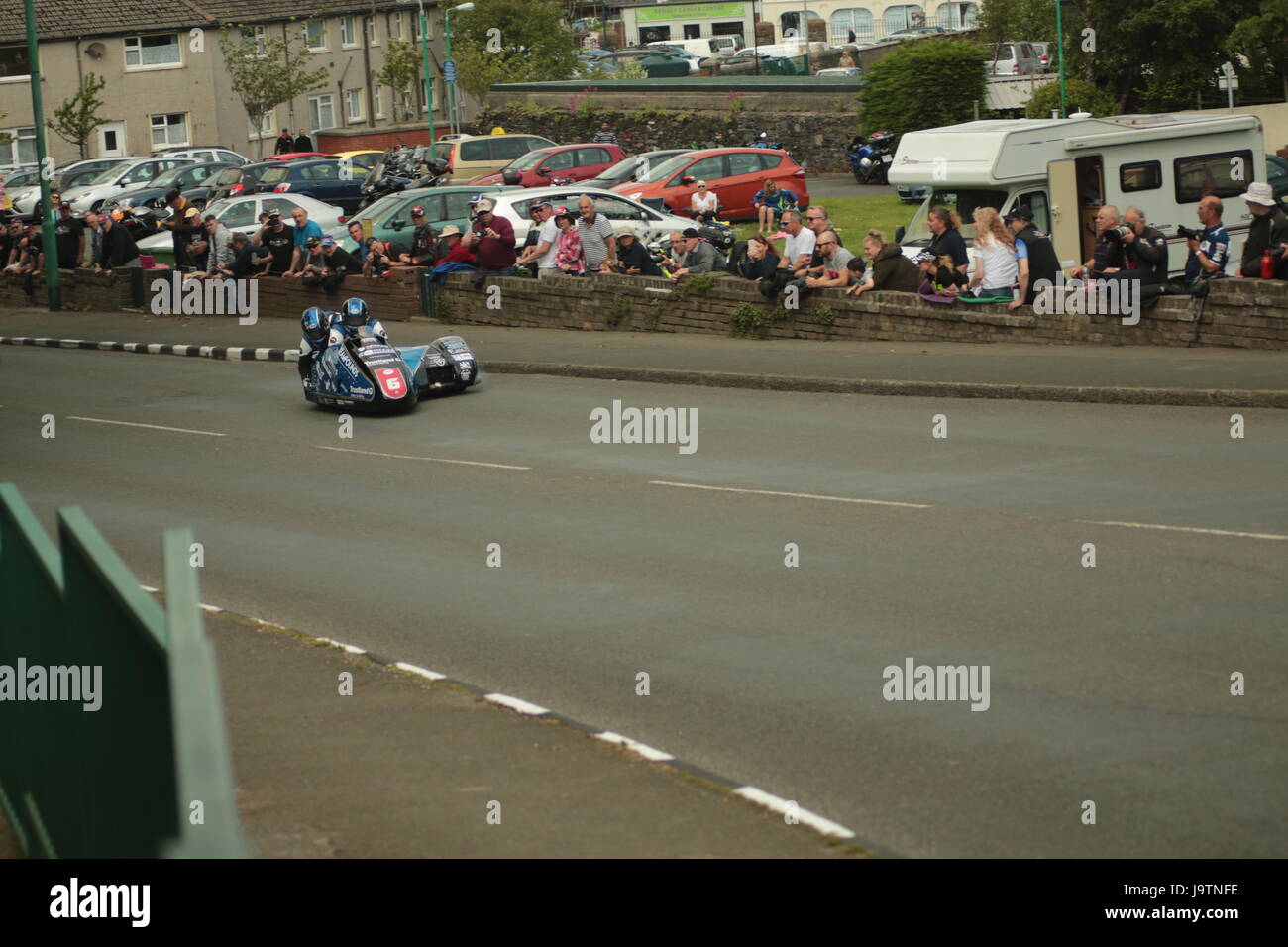 Isle of Man TT Races, Qualifying Practice Race, Saturday 3 June 2017.Sidecar qualifying session. Number 6 Peter Founds and  Jevan Walmsley on their 600cc Suzuki sidecar of the Trustland Group  team  Credit: Eclectic Art and Photography/Alamy Live News. Stock Photo
