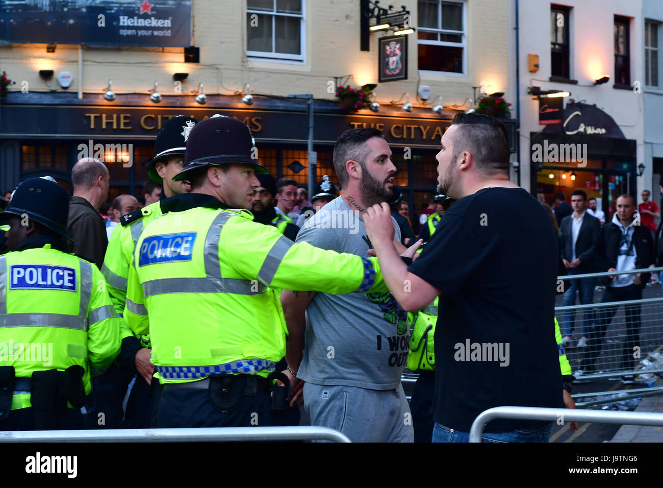 CARDIFF, UK. 3rd June, 2017. Man arrested by police during Champions League Fina. British security services on high alert as hundreds of thousands of fans enjoy football in the capital of Wales Credit: Ian Redding/Alamy Live News Stock Photo