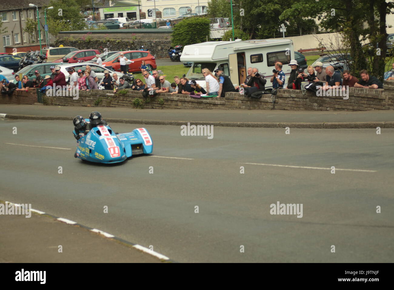 Isle of Man TT Races, Sidecar Qualifying Practice Race, Saturday 3 June 2017. Sidecar qualifying session. Number 11, Tony Baker and Fiona Baker-Holden on their 600cc Baker Suzuki sidecar from the Silicone Engineering and Carl Cox Motorsport team.   Credit: Eclectic Art and Photography/Alamy Live News. Stock Photo