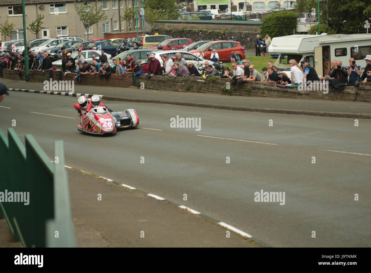 Isle of Man TT Races, Sidecar Qualifying Practice Race, Saturday 3 June 2017. Sidecar qualifying session. Number 26, Lewis Blackstock and Patrick Rosney on their 600cc LCR Suzuki of the Dave Holden Racing team from Blackburn, uk . Credit: Eclectic Art and Photography/Alamy Live News. Stock Photo