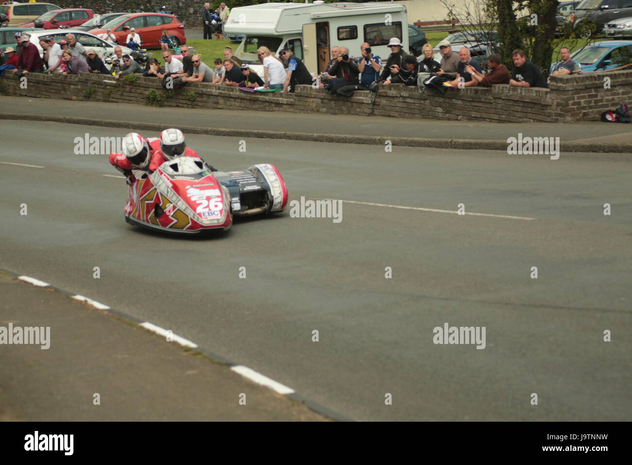 Isle of Man TT Races, Sidecar Qualifying Practice Race, Saturday 3 June 2017. Sidecar qualifying session. Number 26, Lewis Blackstock and Patrick Rosney on their 600cc LCR Suzuki of the Dave Holden Racing team from Blackburn, uk . Credit: Eclectic Art and Photography/Alamy Live News. Stock Photo