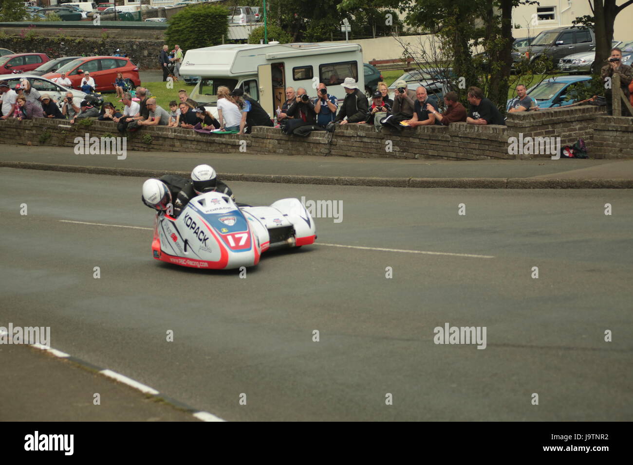 Isle of Man TT Races, Sidecar Qualifying Practice Race, Saturday 3 June 2017. Sidecar qualifying session. Number 17, Mike Roscher and Ben Hughes on their 600cc LCR Suzuki sidecar from the Roscher Racing by Penz13.com team from Germany. Credit: Eclectic Art and Photography/Alamy Live News. Stock Photo
