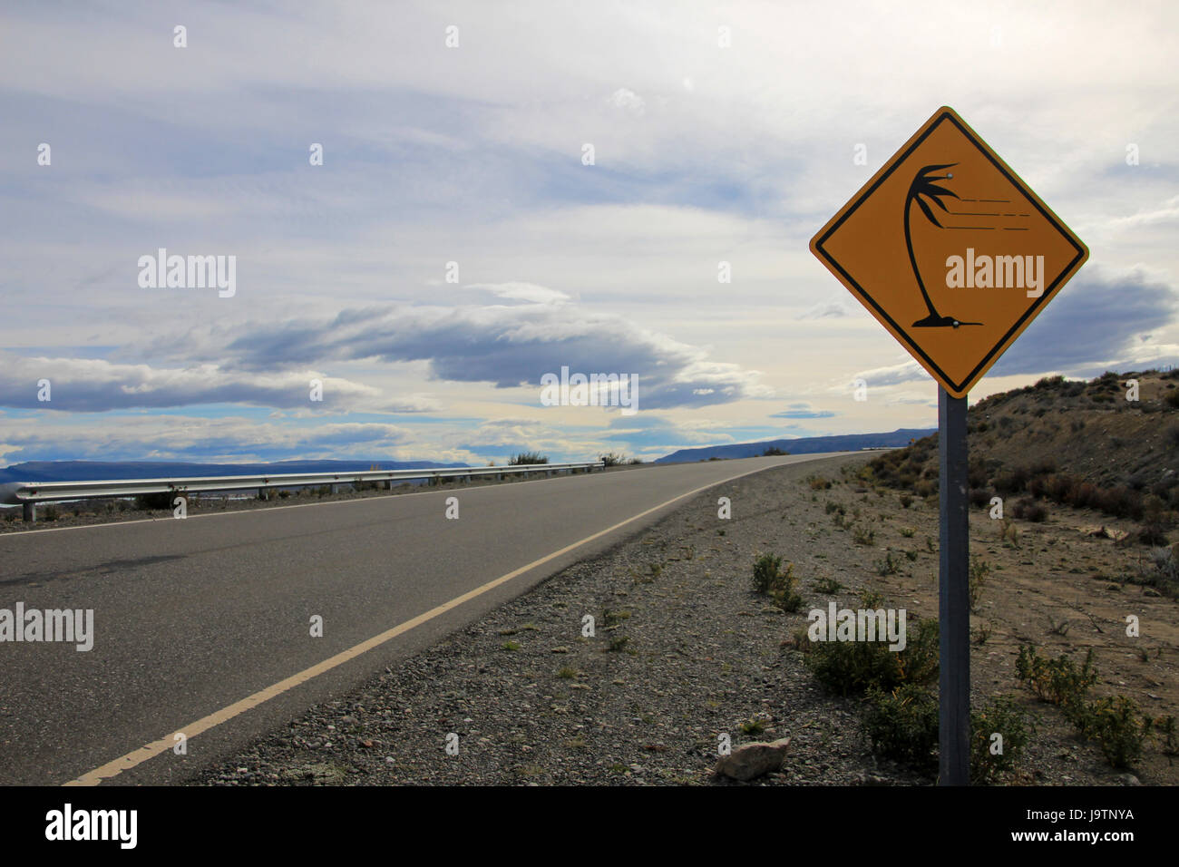 Patagonia high wind road sign yellow Stock Photo