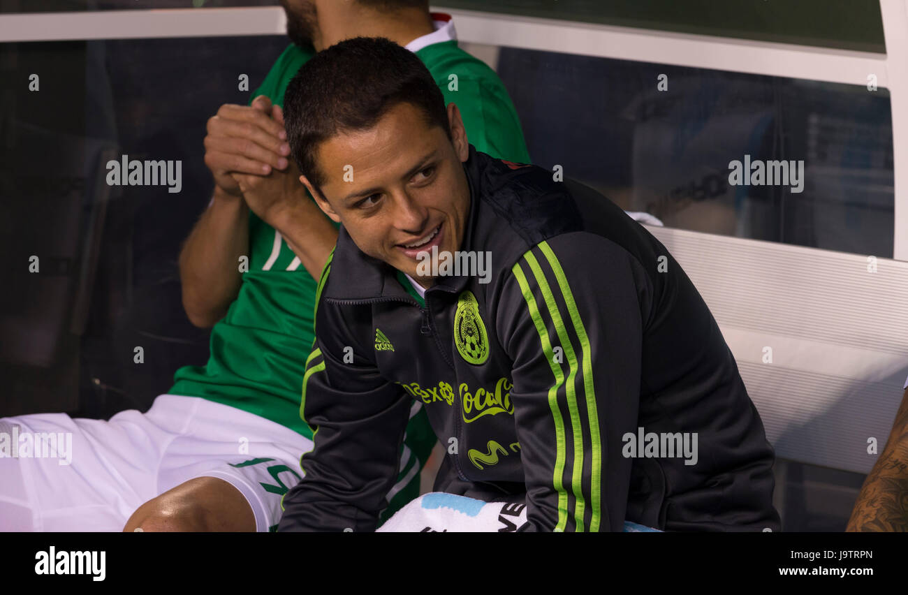 Meadowlands, NJ USA - June 1, 2017: Javier Hernandez Chicharito (14) of Mexico sits on bench during friendly game against Republic of Ireland at MetLife arena in Meadowlands, Mexico won 3 - 1 Stock Photo