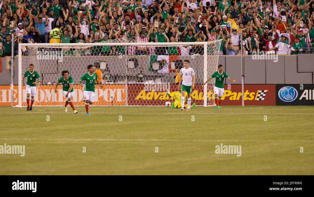 Meadowlands, NJ USA - June 1, 2017: Jesus Corona (17) of Mexico celebrates scoring goal during friendly game against Republic of Ireland at MetLife arena in Meadowlands, Mexico won 3 - 1 Stock Photo