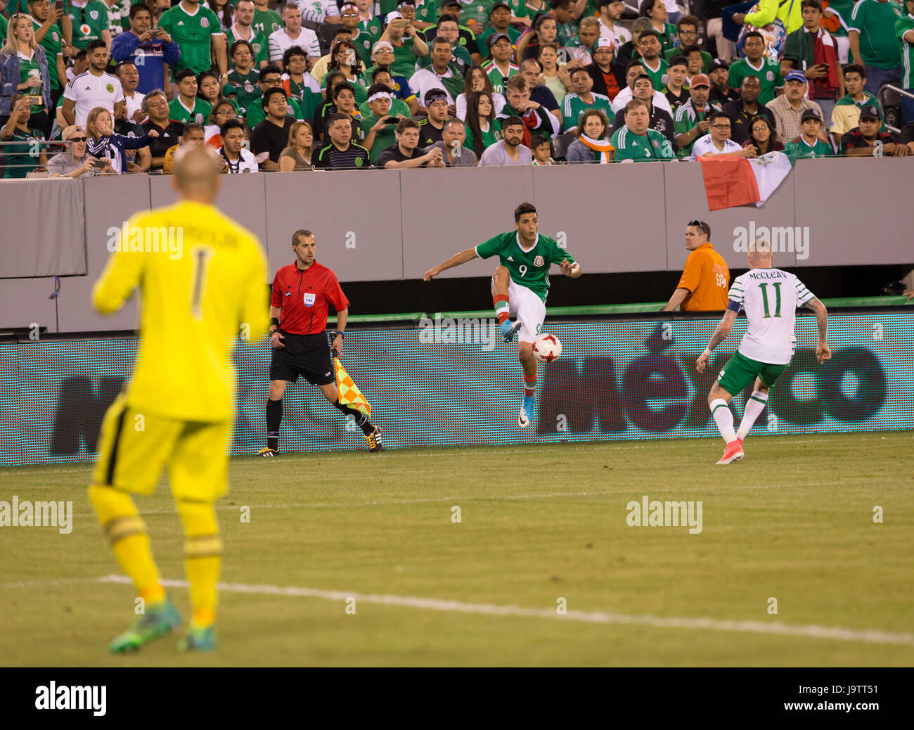 Meadowlands, NJ USA - June 1, 2017: Raul Jimenez (9) of Mexico controls ball during friendly game against Republic of Ireland at MetLife arena in Meadowlands, Mexico won 3 - 1 Stock Photo