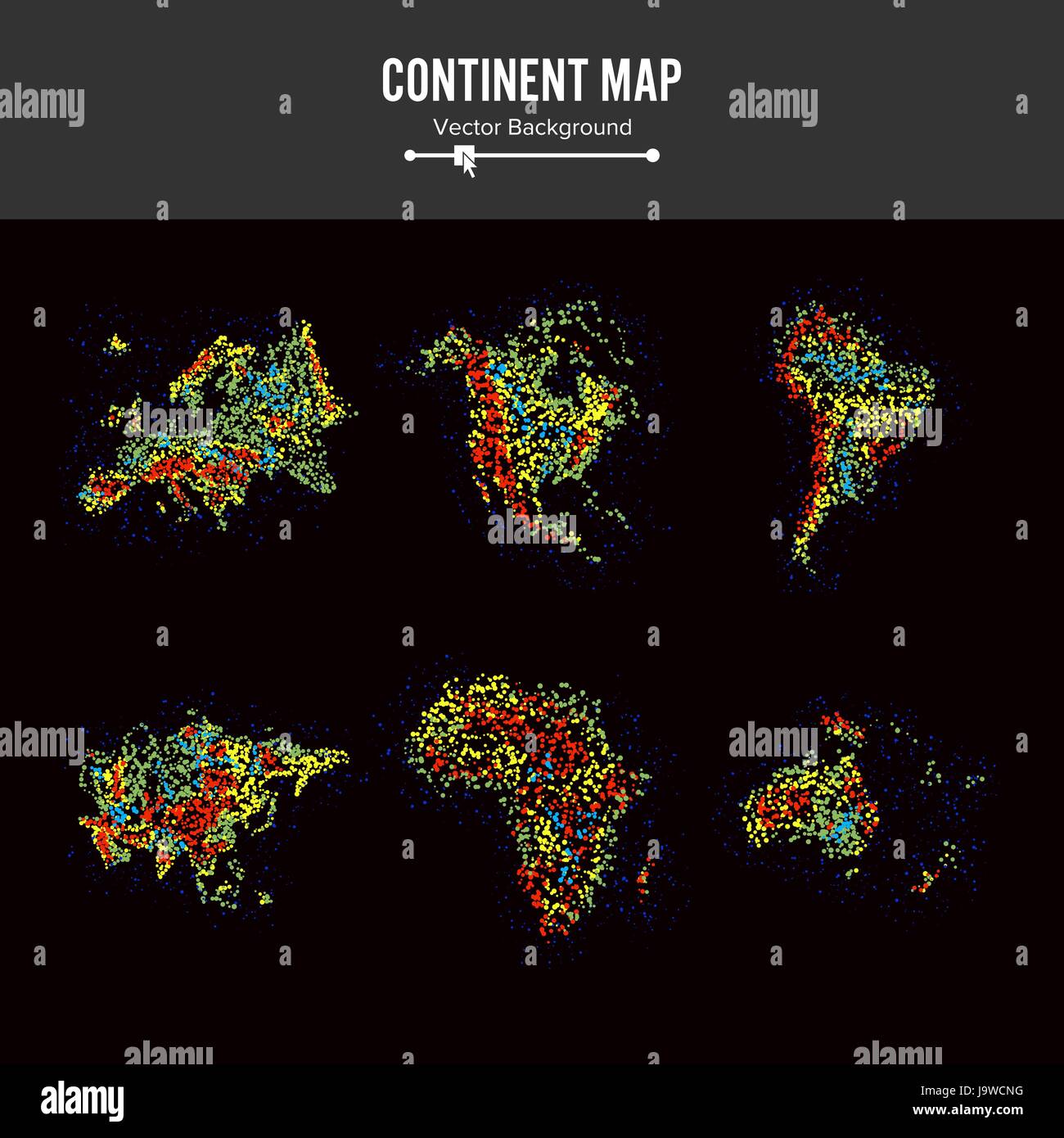 Continent Maps. Abstract Background Vector. Colorful Dots Isolated On Black Stock Vector