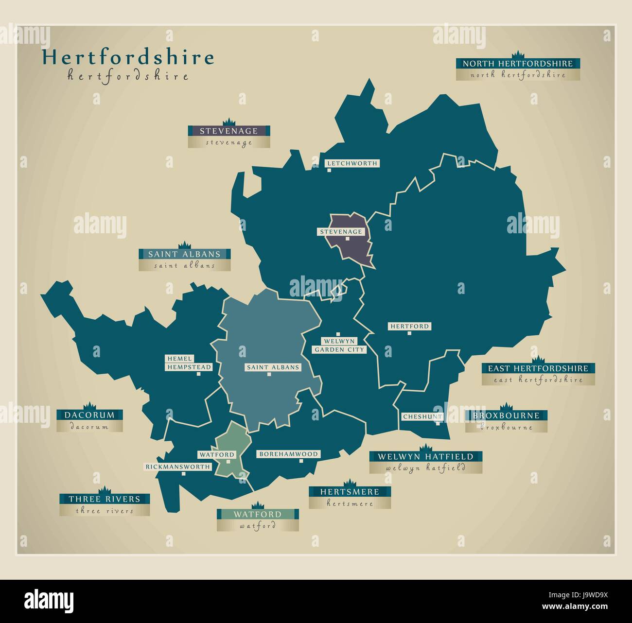 Modern Map Hertfordshire county with district details UK illustration