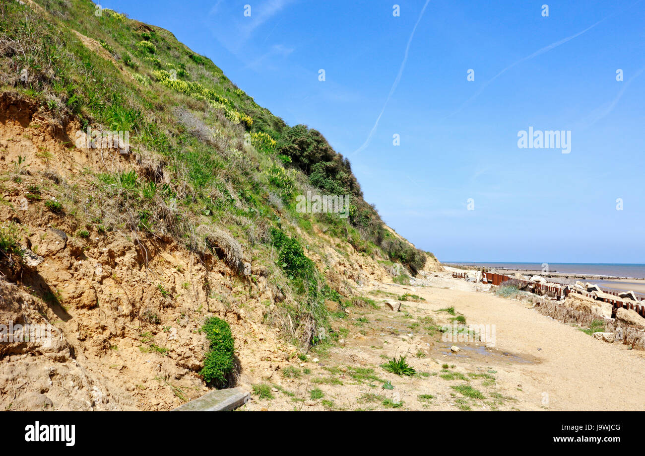 A view of eroding cliffs and sea defences in North Norfolk at Mundesley-on-Sea, Norfolk, England, United Kingdom. Stock Photo