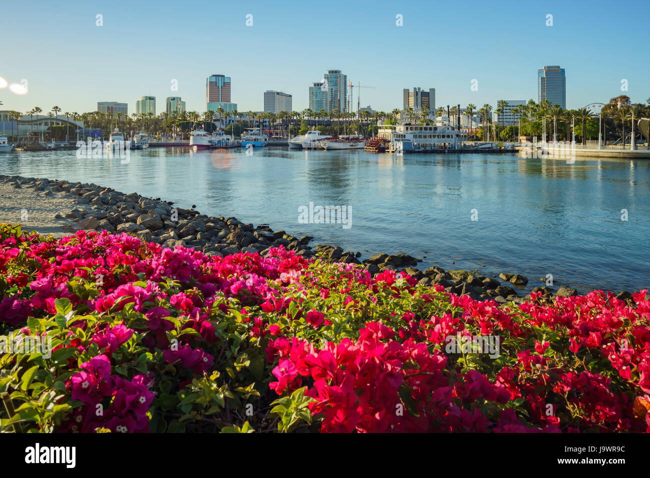 Beautiful sunset scene around Rainbow Harbor, Long Beach, California, U.S.A. Stock Photo