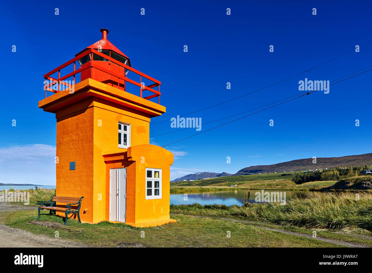 Lighthouse, Svalbarðseyri, Akureyri, Iceland Stock Photo