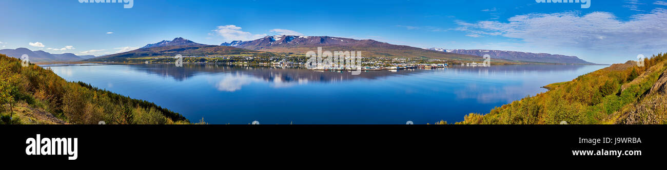 View over the fjord Eyjafjörður to Akureyri, Iceland Stock Photo