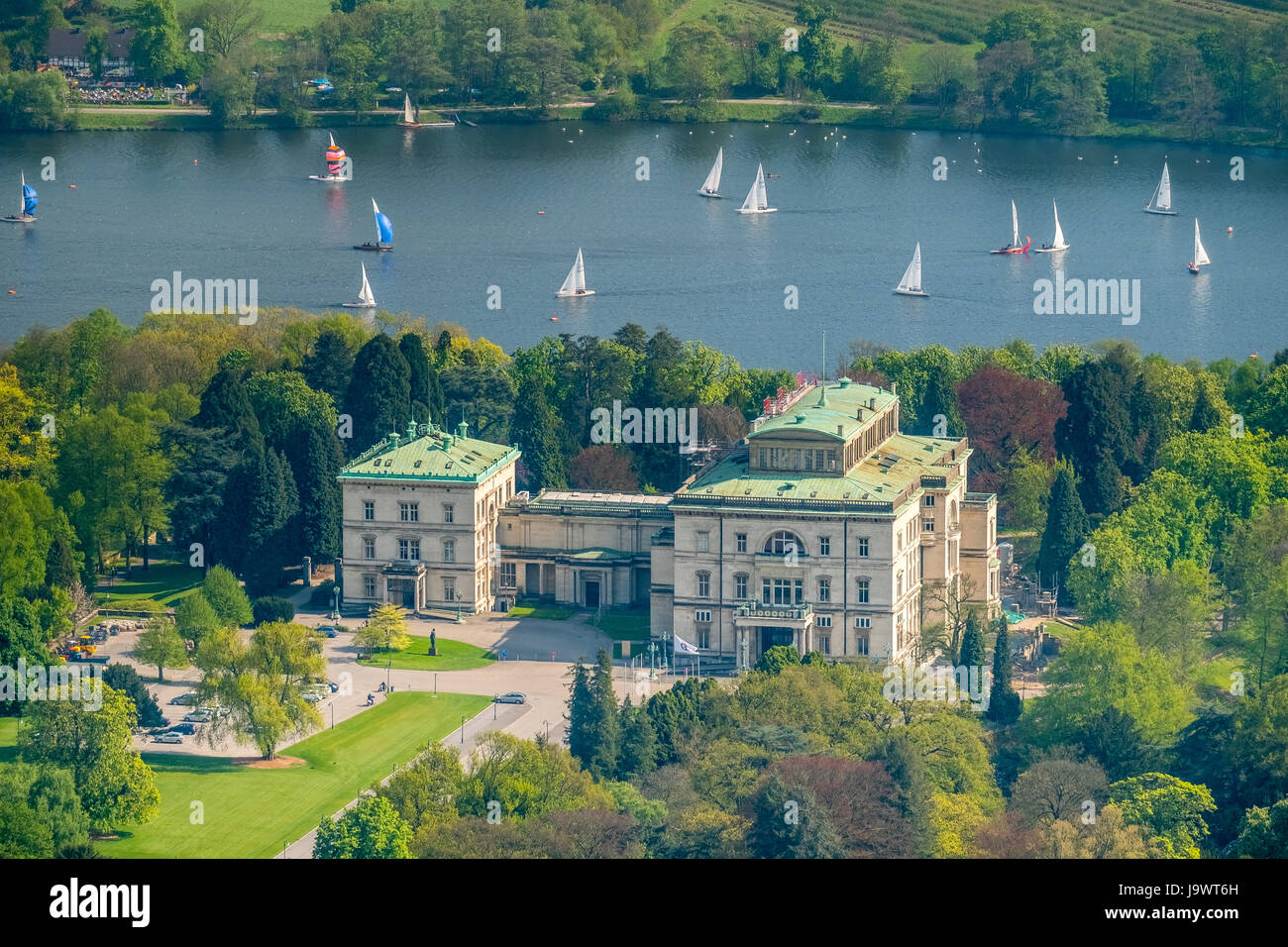 Villa Hügel with sailing boats on Lake Baldeney, Essen, Ruhr area, North Rhine-Westphalia, Germany Stock Photo