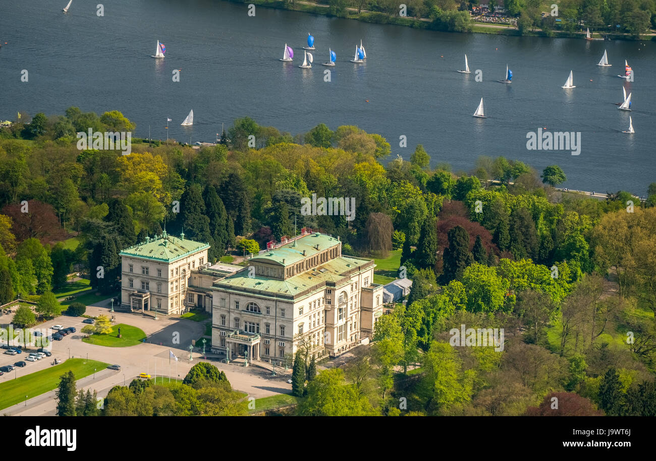 Villa Hügel with sailing boats on Lake Baldeney, Essen, Ruhr area, North Rhine-Westphalia, Germany Stock Photo